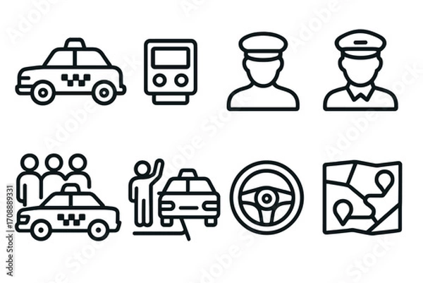 Fototapeta Transportation linear icon set. featuring taxi, meter, driver, passengers, steering wheel, map