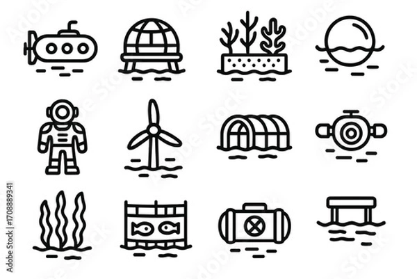 Fototapeta Underwater research linear icon set. featuring submarine, habitat, seaweed, coral, astronaut, turbine, and more