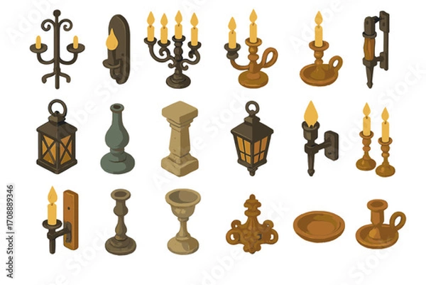 Fototapeta Antique lighting silhouette icon set. featuring candelabra, lantern, candlestick, sconce, torch, and lamp symbols