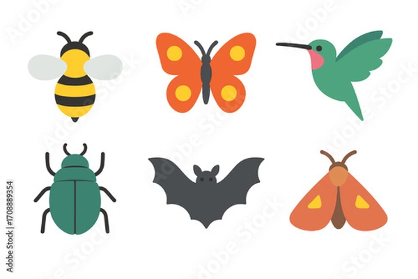 Fototapeta Insects and animals flat icons set. featuring bee, butterfly, hummingbird, beetle, bat, moth
