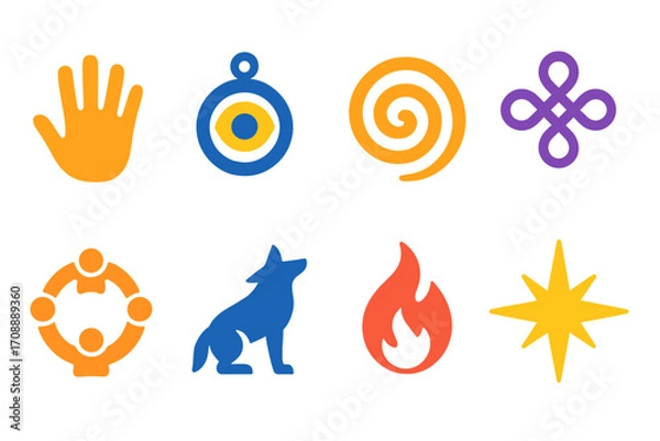 Fototapeta Mystical elements flat icon set. featuring hand, amulet, spiral, knot, globe, wolf, flame, and starburst icons