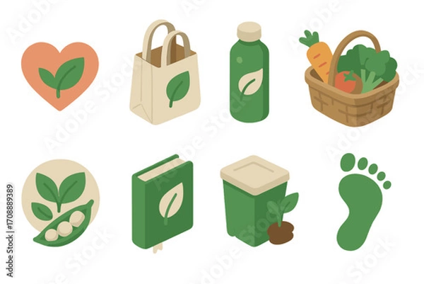 Fototapeta Eco lifestyle flat icon set. featuring heart, bag, bottle, basket, peas, book, container, footprint