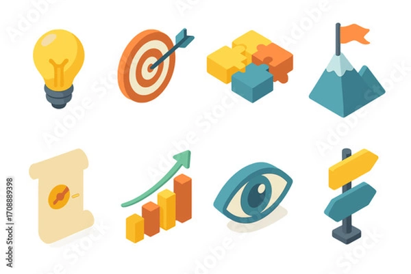 Fototapeta Business strategy flat icon set. featuring light bulb, target, puzzle, mountain, graph, document, eye, signpost
