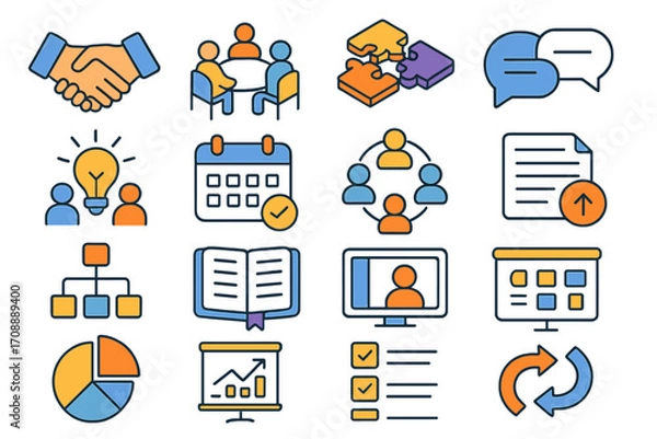 Fototapeta Business and communication linear icon set. featuring teamwork, strategy, planning, and presentation symbols