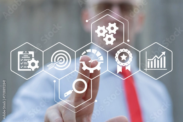 Fototapeta Businss person using virtual touch screen presses button of gear with speedometer symbolizing PERFORMANCE. Performance, Productivity, Efficiency Business Finance concept. 