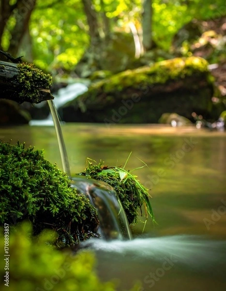 Fototapeta Forest stream flowing over mossy rocks