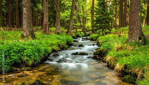 Fototapeta Forest stream scene, spring