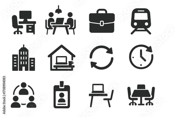 Fototapeta Office and commute silhouette icons set. featuring desk, meeting, briefcase, train, building, house, sync, clock, team, badge