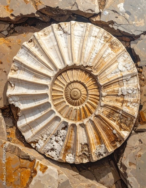 Fototapeta Fossilized spiral shell on stone