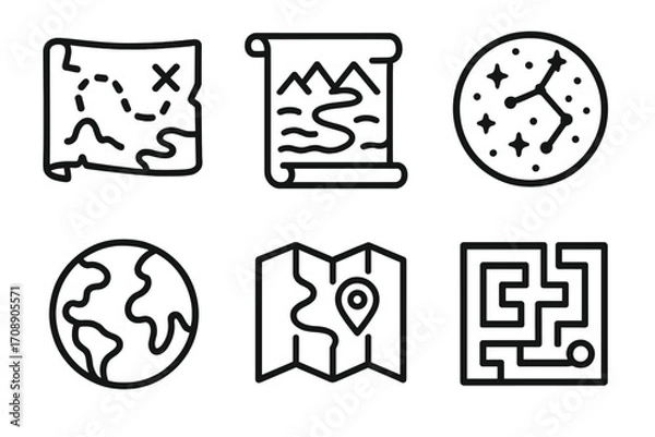 Fototapeta Travel and navigation silhouette icon set. featuring map, constellation, globe, path, location, and maze symbols