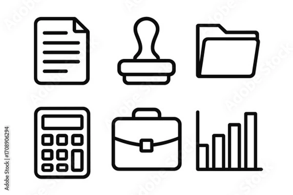 Fototapeta Business silhouette icon set. featuring document, stamp, folder, calculator, briefcase, and chart symbols