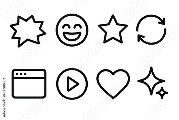 Fototapeta Social media linear icons set. featuring star, smiley, refresh, browser, play, heart, sparkle symbols