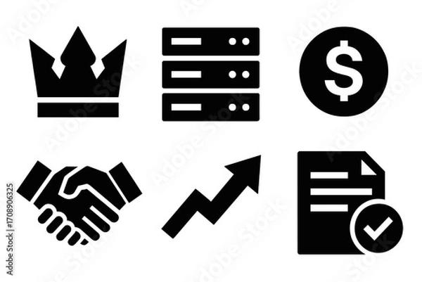 Fototapeta Business success silhouette icon set. featuring crown, server, dollar, handshake, growth arrow, document