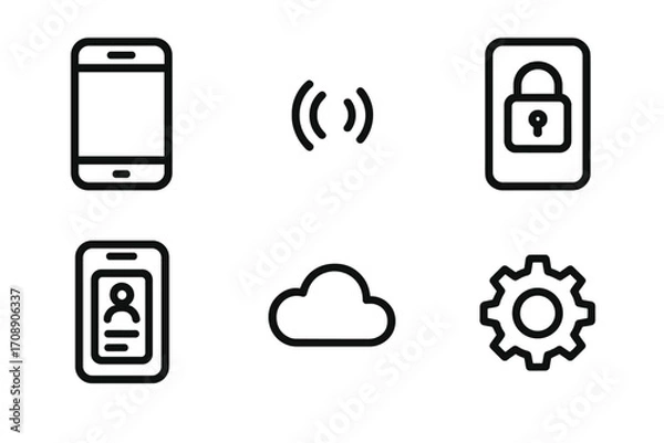 Fototapeta Silhouette icons set. featuring smartphone, signal, lock, contact card, cloud, and gear symbols.