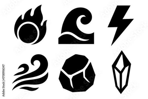 Fototapeta Elements silhouette icon set. featuring fire, wave, lightning, wind, earth, crystal symbols