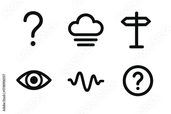 Fototapeta Mystery elements silhouette icon set. featuring question mark, cloud, road sign, eye, wave, and circle question symbols.