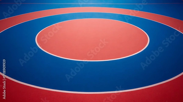 Fototapeta Close-up view of a wrestling mat with concentric red and blue circles