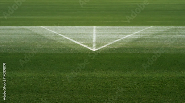 Obraz Close-up view of a soccer field corner with white boundary lines on green grass