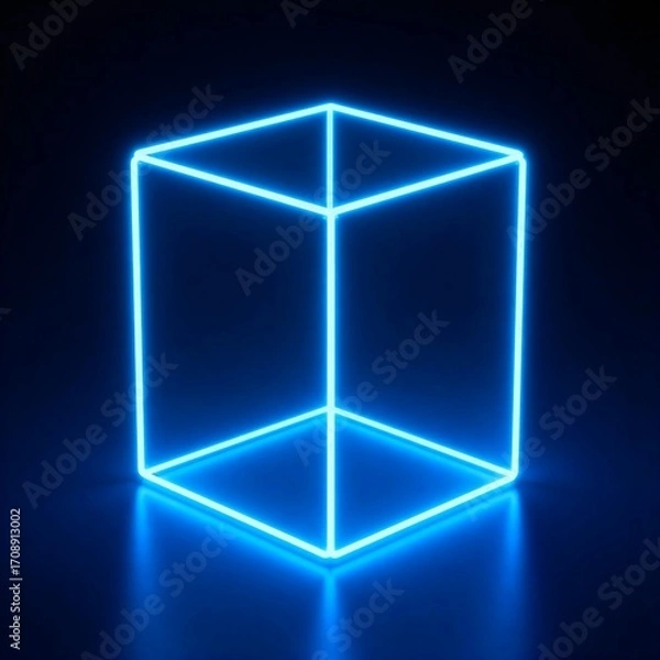 Obraz 3D render of a futuristic wireframe cube with a bright blue glow. Sci-fi object on a dark background with reflections, Abstract wallpaper.