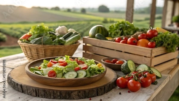 Fototapeta Fresh salad with vegetables on a wooden table with a farm backdrop