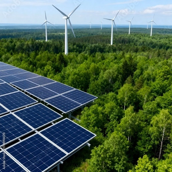 Obraz Sustainable power source. A field of solar panels and a group of wind turbines generating electricity in a beautiful forest landscape.