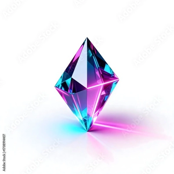 Obraz Futuristic sci-fi gem glowing with cyan and magenta light. An abstract 3D technology icon for a banner or poster, Minimalist wallpaper.