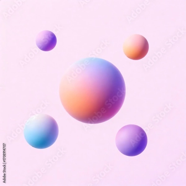 Obraz A group of colorful pastel spheres with a smooth gradient texture. A 3D render of geometric objects on a pink background, modern wallpaper.