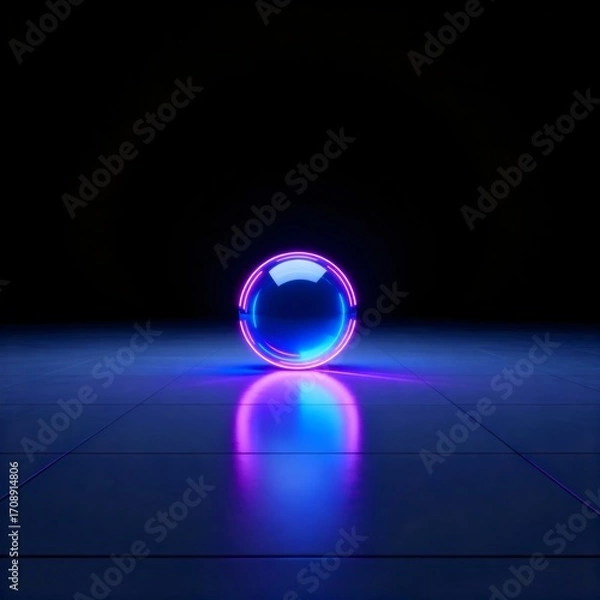 Obraz A luminous glass sphere reflecting a blue and purple neon ring on a dark tiled floor. Abstract 3D object for a futuristic tech poster.
