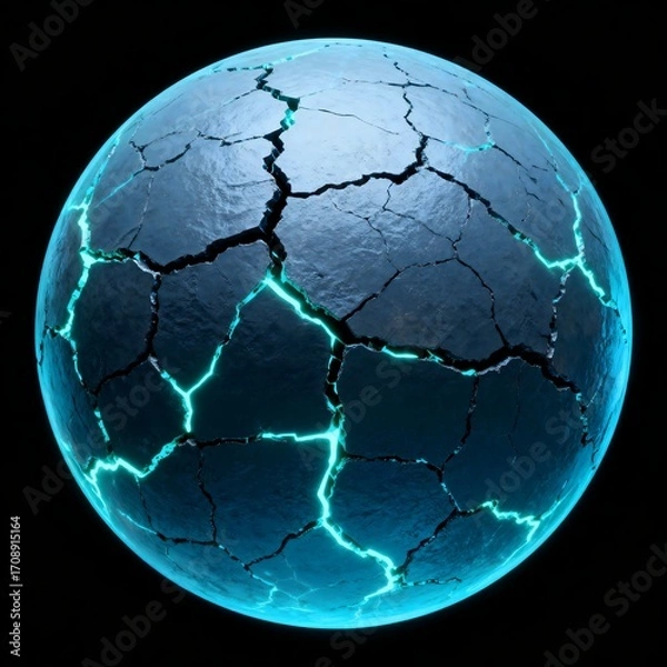 Obraz Futuristic sci-fi object, a broken planet with glowing cyan lava in its cracks. Abstract 3D render on a dark background.