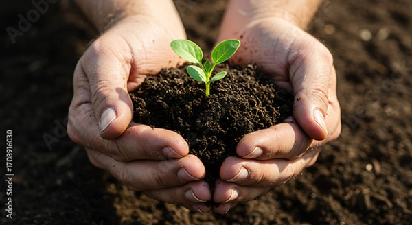 Fototapeta Hands cradling a seedling plant in soil, symbolizing growth and nurturing