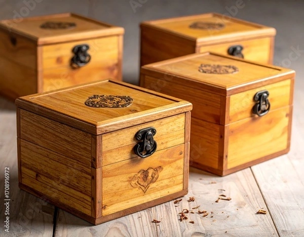 Fototapeta Four wooden boxes arranged on a light-colored surface
