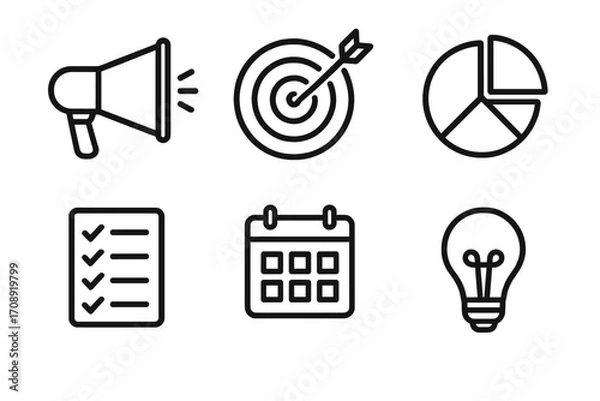 Fototapeta Business and marketing linear icons set. featuring megaphone, target, pie chart, checklist, calendar, bulb