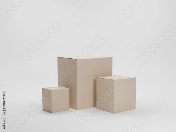 Fototapeta Set of three plain cardboard boxes -small, medium, large- in minimalist studio scene