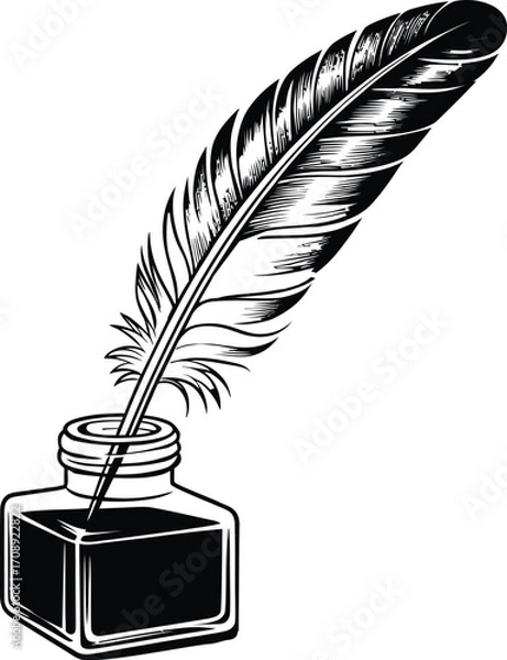 Obraz Quill Pen in Ink Bottle – Vintage Writing Icon for Literature, Calligraphy, History, and Creative Branding Themes