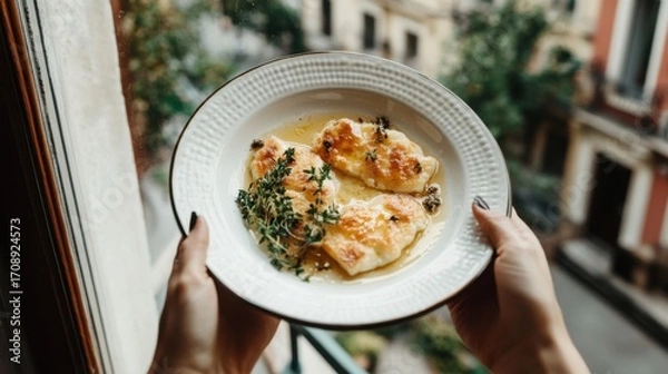 Fototapeta A delicious plate of gourmet stuffed pasta topped with herbs and seeping with flavor, served elegantly against a background of vibrant city life, tempting culinary lovers.