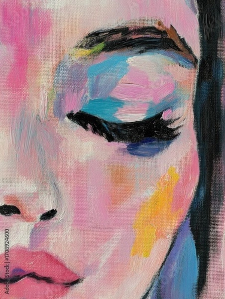 Fototapeta This eye-catching image displays colorful abstract makeup on a female face, blending vibrant hues that evoke creativity and emotional expression through artistic beauty.