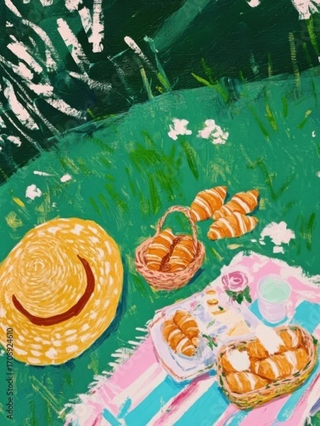 Fototapeta This delightful picnic scene features croissants laid out in a serene grassy setting, with a warm sunhat adding charm and a sense of relaxation in nature's embrace.