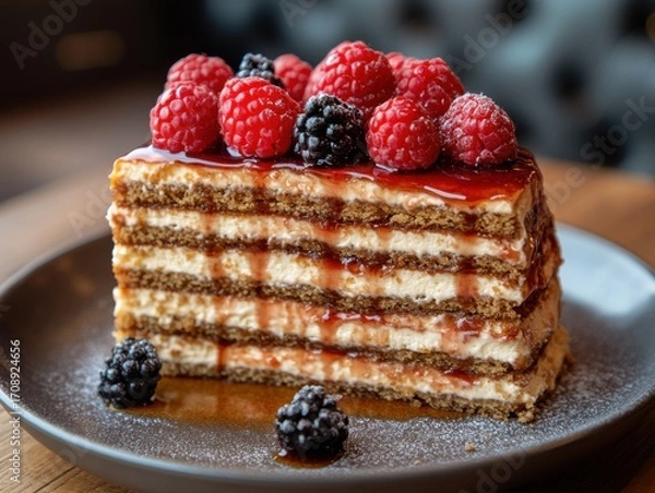Fototapeta A delicious layered cake featuring raspberries and a rich cream, beautifully arranged on a plate, perfect for dessert lovers and pastry enthusiasts alike.