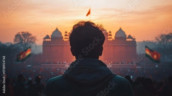 Fototapeta A person stands silhouetted against a vibrant sunset, with iconic architecture in the background, capturing the spirit of celebration and cultural festivities.