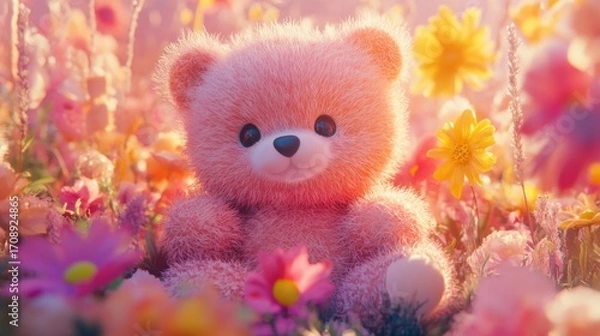 Fototapeta A cute soft pink teddy bear sits among vibrant flowers, exuding a cheerful and delightful mood that appeals to both children and adults alike, making it ideal for various themes.