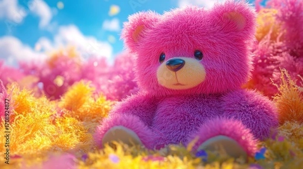 Fototapeta A fluffy pink teddy bear captivatingly placed in a bright, colorful setting that brings a sense of joy, playfulness, and charm to the viewer, appealing to a wide audience.