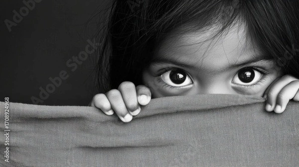 Fototapeta A captivating portrait of a young child with large, expressive eyes peering cautiously from behind a piece of fabric, showcasing innocence and curiosity in a monochrome style.