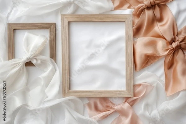 Fototapeta A collection of wooden picture frames embellished with satin ribbons rests on smooth fabric, creating an artistic arrangement to showcase memories with elegance.