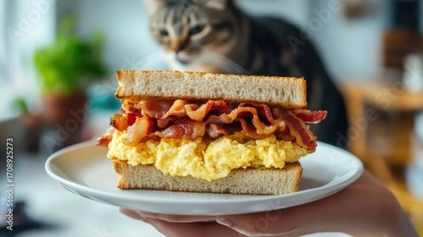 Fototapeta A mouthwatering sandwich filled with crispy bacon and scrambled eggs is presented on a plate, while a curious cat watches from behind, adding a cozy feel to the scene.