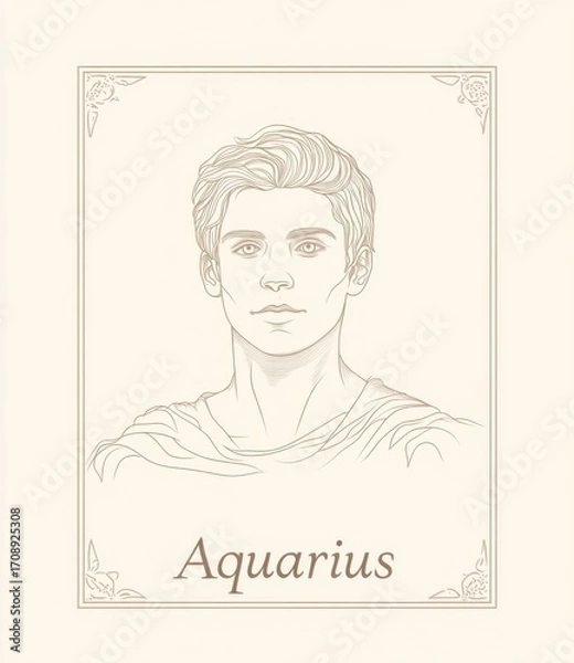 Fototapeta An elegantly designed illustration representing the Zodiac sign Aquarius, showcasing a youthful male figure with distinct features symbolizing this astrological sign.