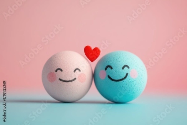 Fototapeta Two adorable smiley characters in soft pastels, featuring a heart symbol that represents love and friendship, showcasing a warm and happy vibe in a modern aesthetic.