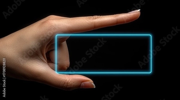 Obraz Woman's hand holding a glowing blue rectangle frame on a black background for digital interface or