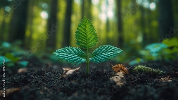 Obraz A Fresh Start: Sprout Emerging in Forest Soil Symbolizing New Life and Growth