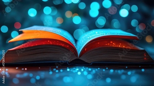 Obraz An open book with glowing pages, illuminated by magical blue bokeh lights