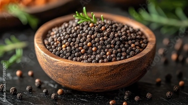 Obraz Aromatic black peppercorns filling a rustic wooden bowl, culinary ingredient preparation for recipes